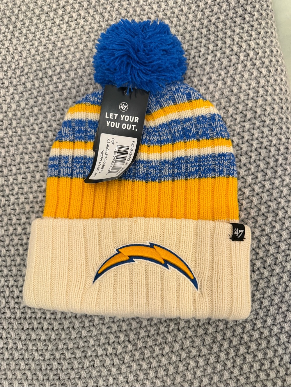 47 Pom Beanie - Cream, Yellow & Blue - Chargers Logo